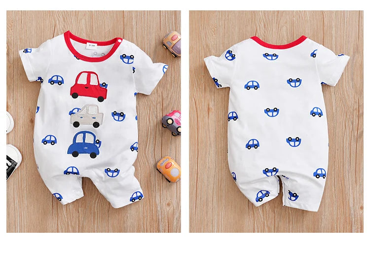 Summer Boys And Girls Cute Cartoon Car Embroidery Cotton Comfortable Casual Short Sleeve Baby Bodysuit
