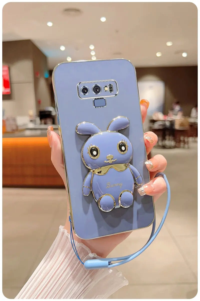 Phone Case For Samsung Galaxy Note 9 Luxury Plating Square Rabbit Holder With Landyard Phone Case Cover