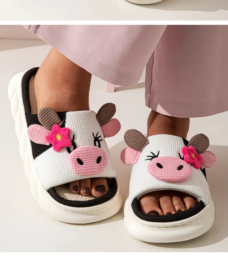 Casual Platform Slippers Women Home Cute Cartoon Cow Designer Shoes Girls Fashion Popular Elegant Indoor Slipper Flats Open Toe