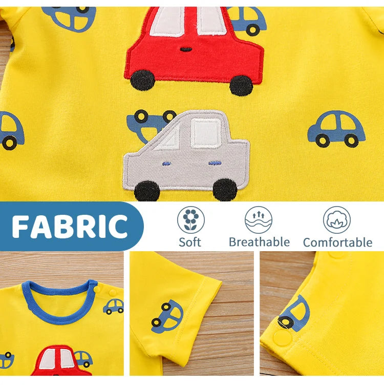 Summer Boys And Girls Cute Cartoon Car Embroidery Cotton Comfortable Casual Short Sleeve Baby Bodysuit