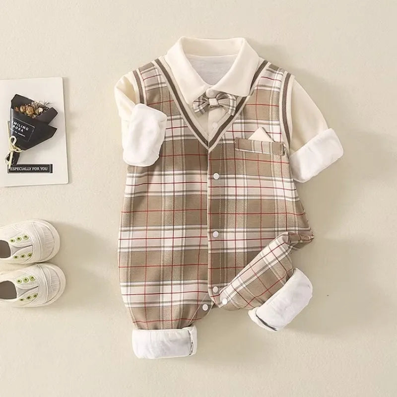 1-18 Month Baby Boy Autumn Jumpsuit Coffee Color Plaid Stand Collar Romper Baby Boy Clothes Boutique Newborn Baby Costume