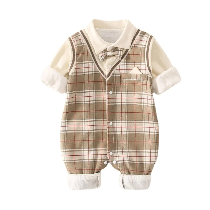 1-18 Month Baby Boy Autumn Jumpsuit Coffee Color Plaid Stand Collar Romper Baby Boy Clothes Boutique Newborn Baby Costume