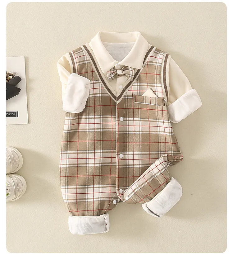 1-18 Month Baby Boy Autumn Jumpsuit Coffee Color Plaid Stand Collar Romper Baby Boy Clothes Boutique Newborn Baby Costume