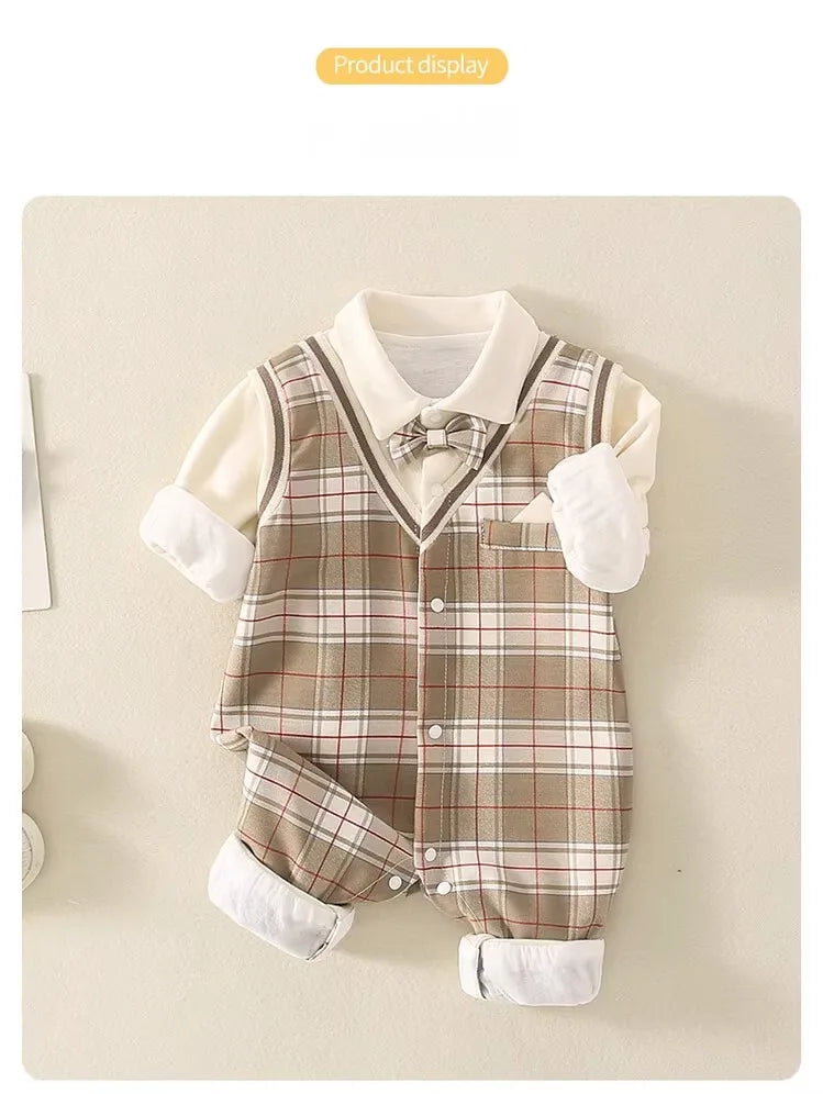 1-18 Month Baby Boy Autumn Jumpsuit Coffee Color Plaid Stand Collar Romper Baby Boy Clothes Boutique Newborn Baby Costume