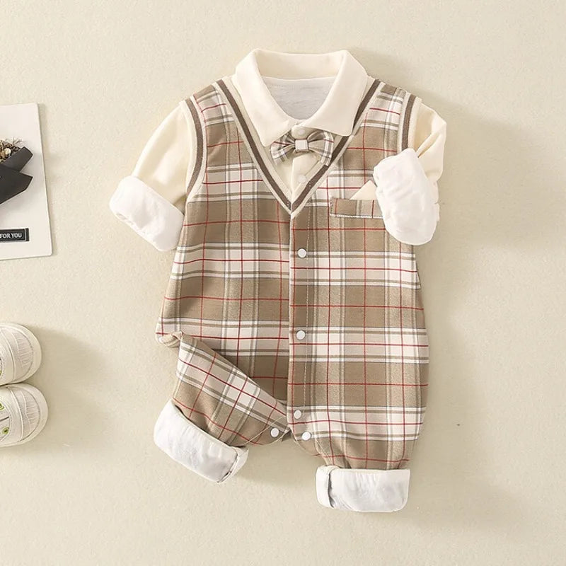 1-18 Month Baby Boy Autumn Jumpsuit Coffee Color Plaid Stand Collar Romper Baby Boy Clothes Boutique Newborn Baby Costume