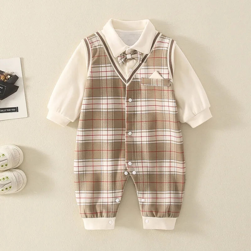 1-18 Month Baby Boy Autumn Jumpsuit Coffee Color Plaid Stand Collar Romper Baby Boy Clothes Boutique Newborn Baby Costume