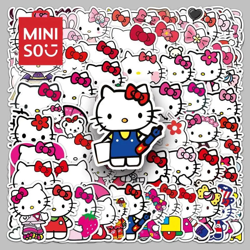 100Pcs Anime Miniso Sanrio Hellokitty Stickers Cartoon Cute Decorative Waterproof Notebook Sweet Stickers Girl's Gift Toy