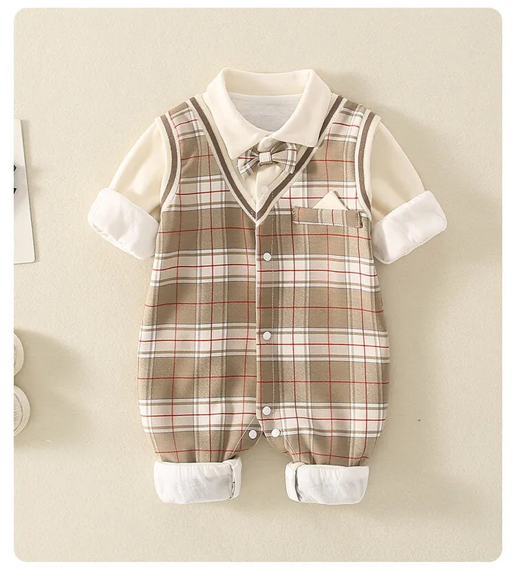 1-18 Month Baby Boy Autumn Jumpsuit Coffee Color Plaid Stand Collar Romper Baby Boy Clothes Boutique Newborn Baby Costume