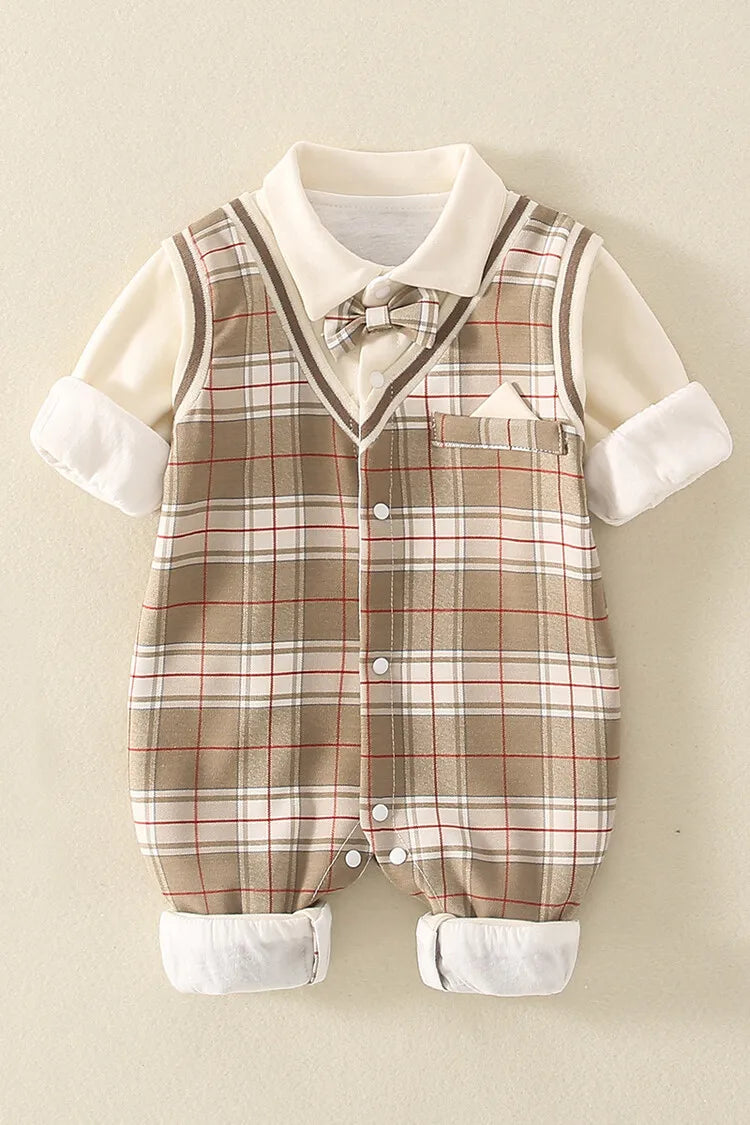 1-18 Month Baby Boy Autumn Jumpsuit Coffee Color Plaid Stand Collar Romper Baby Boy Clothes Boutique Newborn Baby Costume