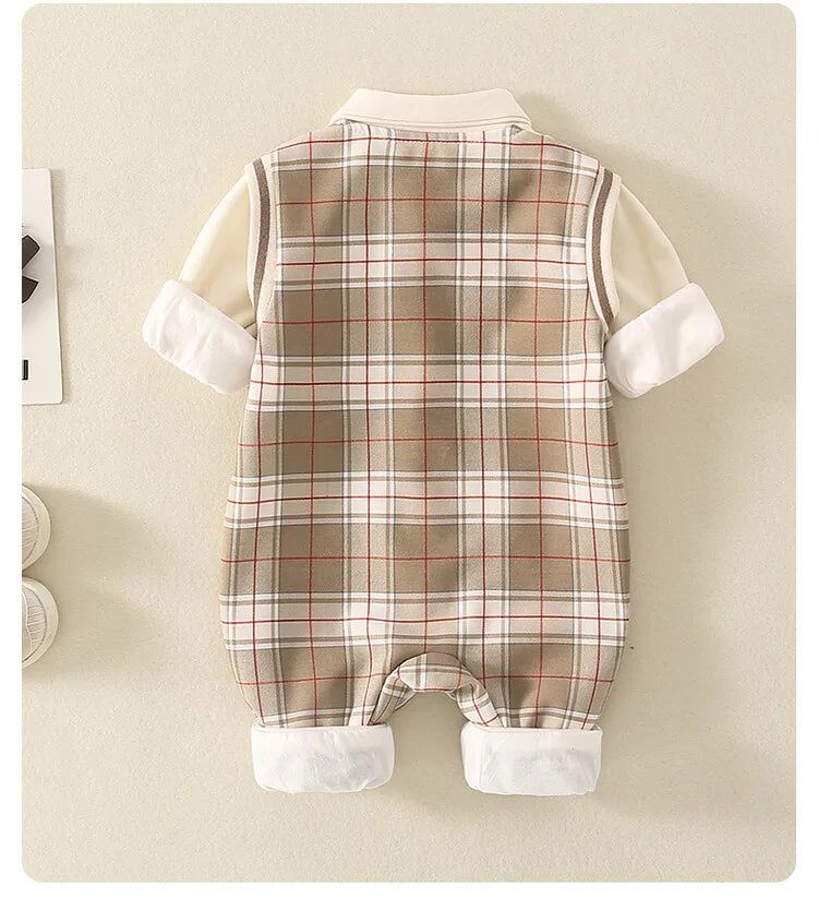 1-18 Month Baby Boy Autumn Jumpsuit Coffee Color Plaid Stand Collar Romper Baby Boy Clothes Boutique Newborn Baby Costume