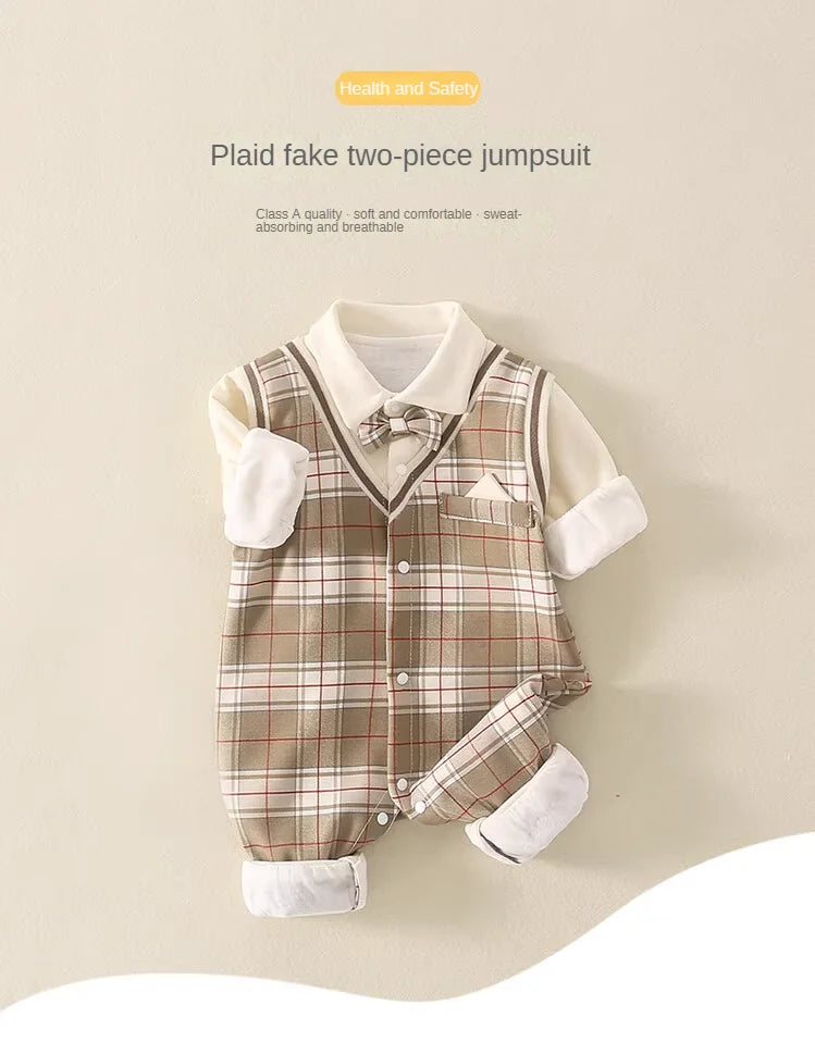 1-18 Month Baby Boy Autumn Jumpsuit Coffee Color Plaid Stand Collar Romper Baby Boy Clothes Boutique Newborn Baby Costume