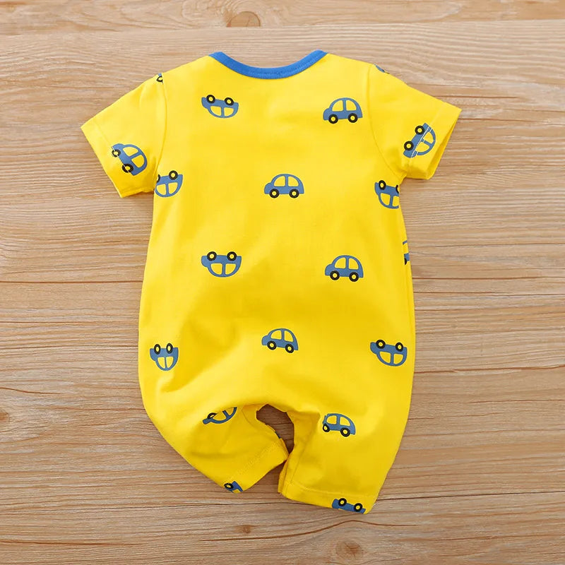 Summer Boys And Girls Cute Cartoon Car Embroidery Cotton Comfortable Casual Short Sleeve Baby Bodysuit