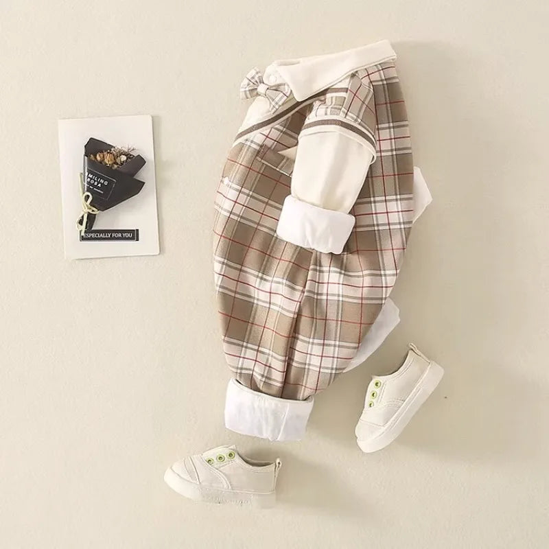 1-18 Month Baby Boy Autumn Jumpsuit Coffee Color Plaid Stand Collar Romper Baby Boy Clothes Boutique Newborn Baby Costume