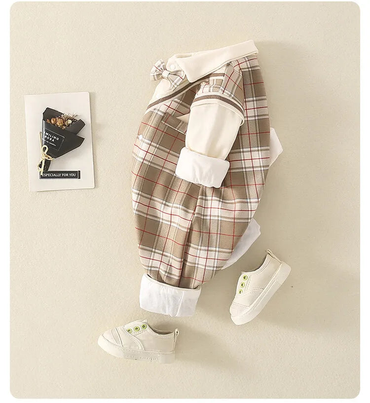 1-18 Month Baby Boy Autumn Jumpsuit Coffee Color Plaid Stand Collar Romper Baby Boy Clothes Boutique Newborn Baby Costume