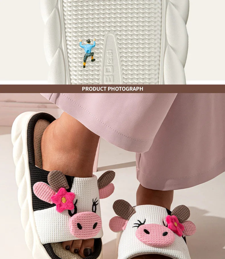 Casual Platform Slippers Women Home Cute Cartoon Cow Designer Shoes Girls Fashion Popular Elegant Indoor Slipper Flats Open Toe