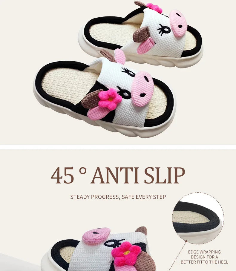Casual Platform Slippers Women Home Cute Cartoon Cow Designer Shoes Girls Fashion Popular Elegant Indoor Slipper Flats Open Toe