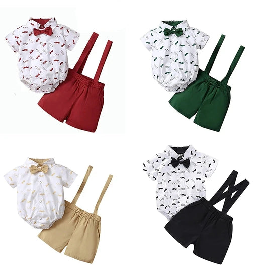 Summer Baby Boys Costumes Short Sleeve Bodysuit with Bow + Suspender Pants Wedding Parties Festivals Gentleman Clothing