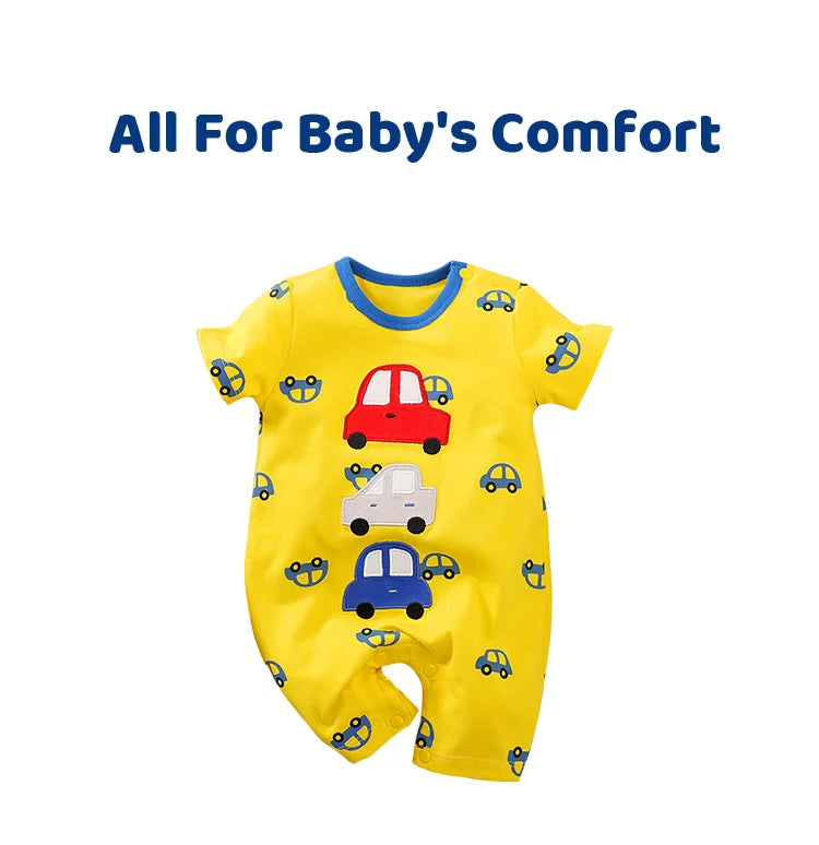 Summer Boys And Girls Cute Cartoon Car Embroidery Cotton Comfortable Casual Short Sleeve Baby Bodysuit