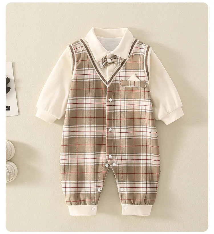 1-18 Month Baby Boy Autumn Jumpsuit Coffee Color Plaid Stand Collar Romper Baby Boy Clothes Boutique Newborn Baby Costume