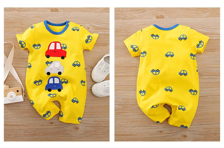Summer Boys And Girls Cute Cartoon Car Embroidery Cotton Comfortable Casual Short Sleeve Baby Bodysuit